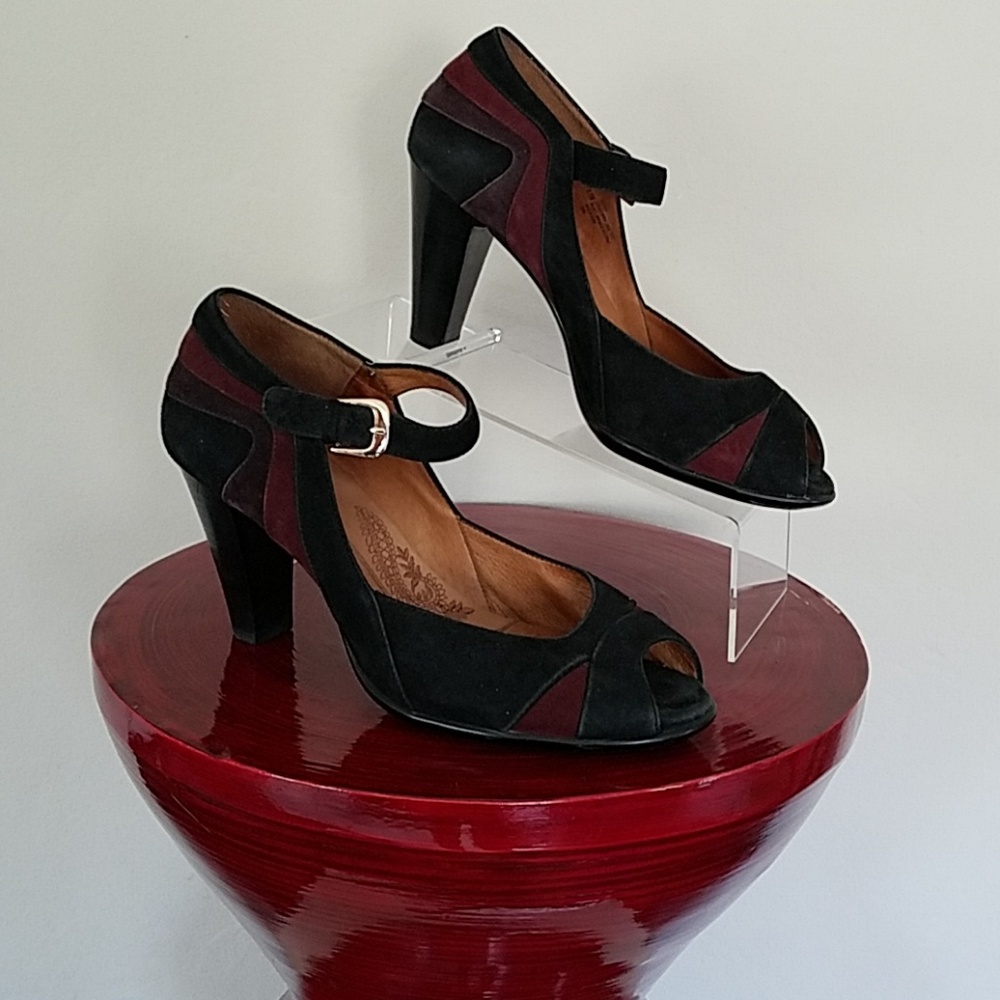 Sofft Black and Burgundy Suede Peep-Toe Mary Jane Heels